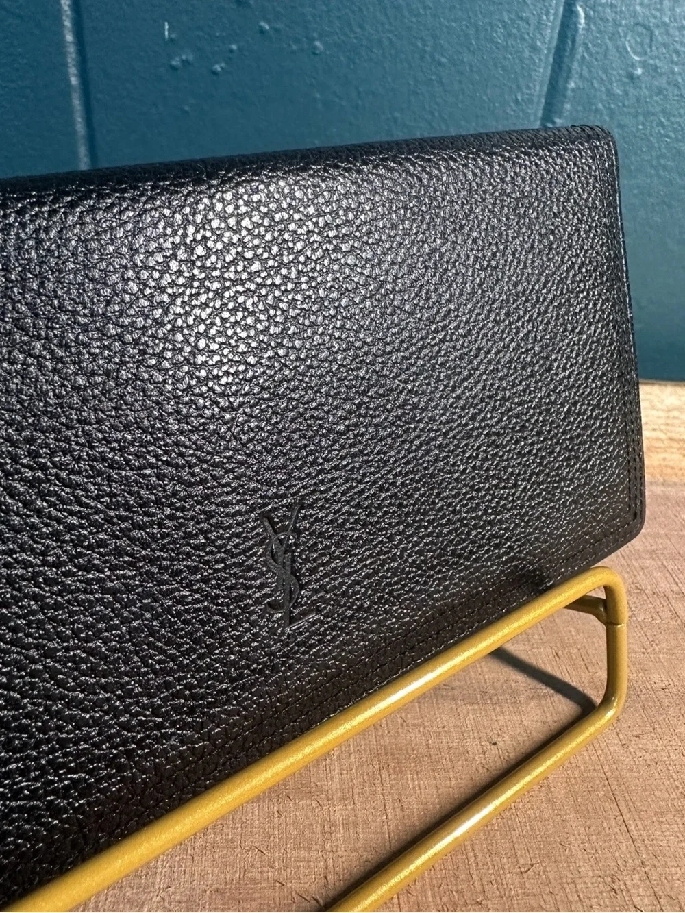 YSL Saint Laurent Monogram Black Leather Wallet Textured Grain Gold Logo Bifold